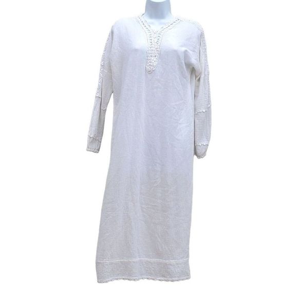 Dresses & Skirts - Vintage Cotton Midi Dress Kaftan White Cotton Gauze Crochet Boho 70s Women 8